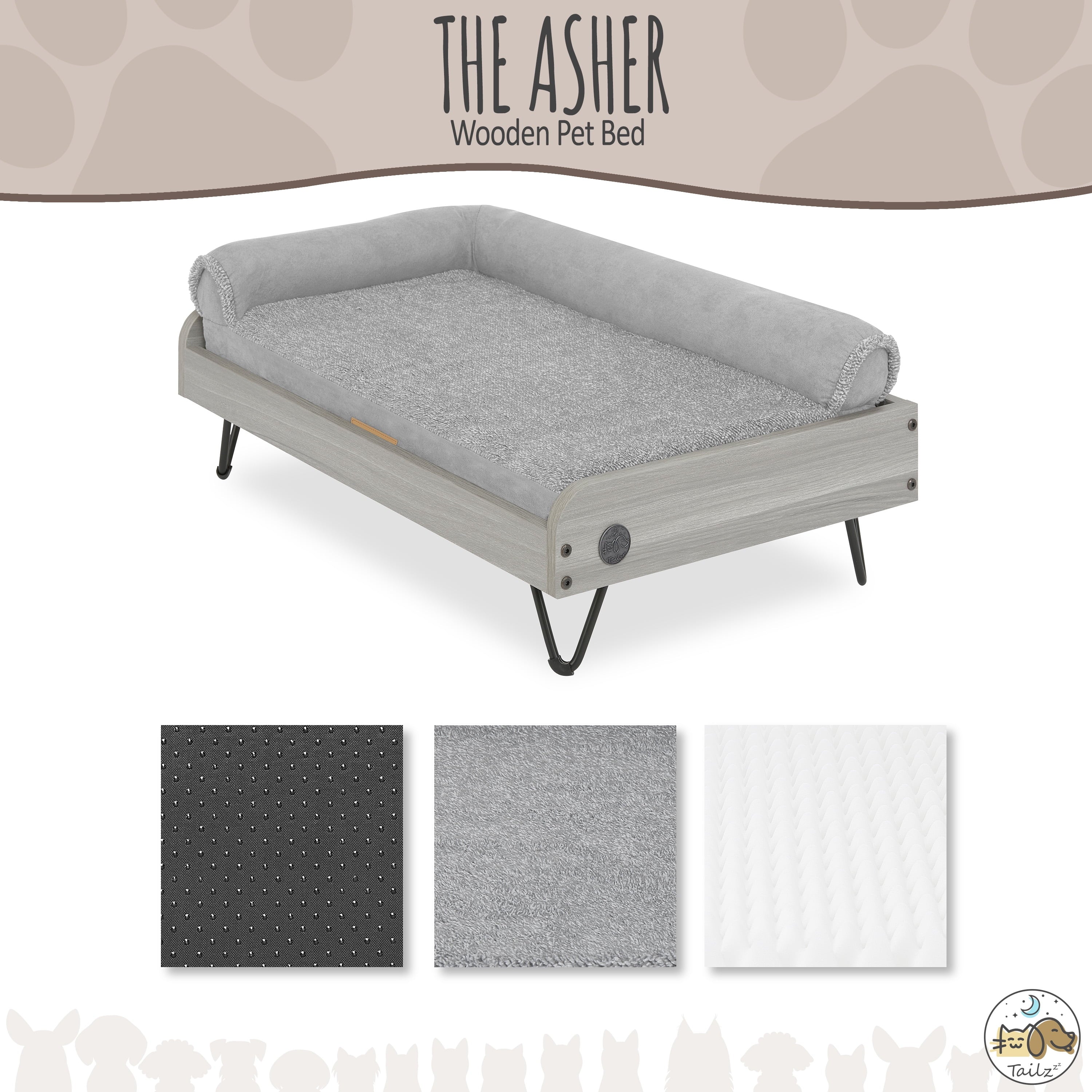 Tailzzz Asher Small Wooden Elevated Pet Bed with Mattress, Greenguard Gold Certified