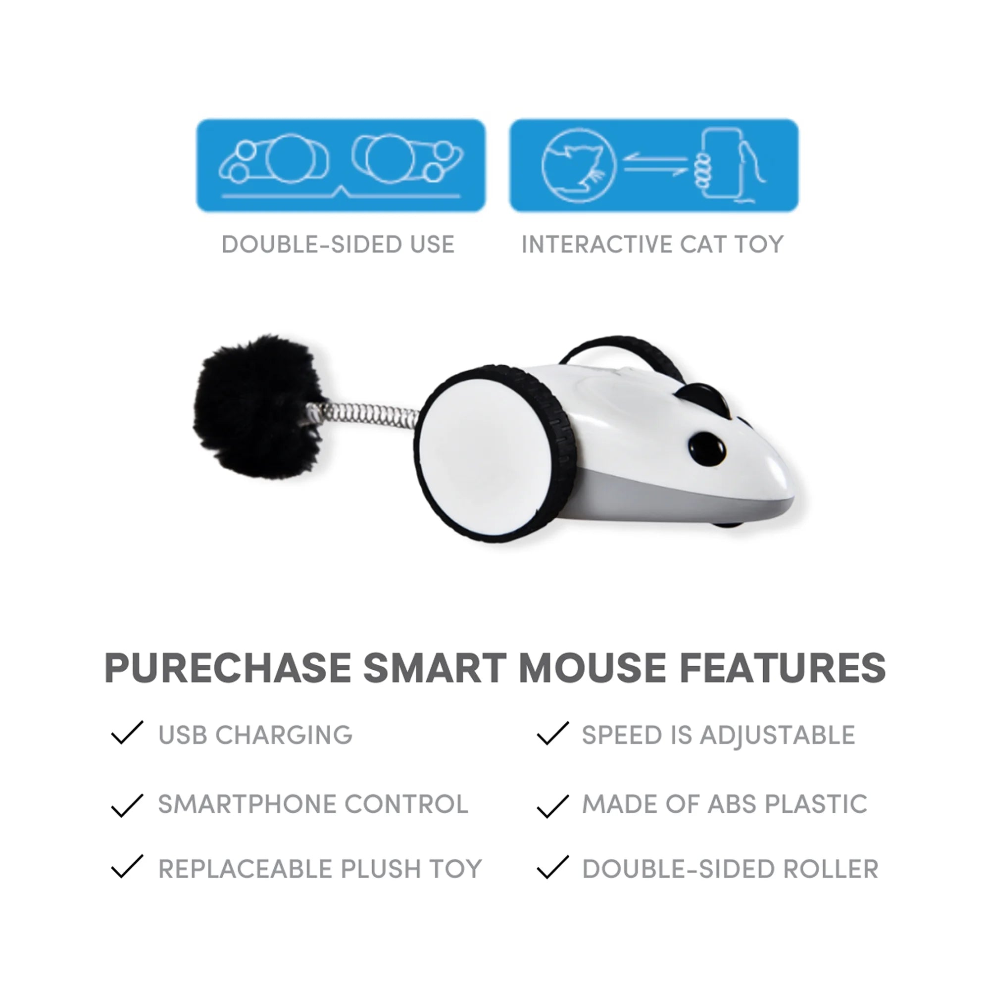 Instachew Purechase Smart Cat Toy, Interactive Automatic Mouse Shaped Toy for Pets, App Enabled with Adjustable Speed, Flip Modes, Replaceable Plush Tail and USB Charging for Kittens and Dogs