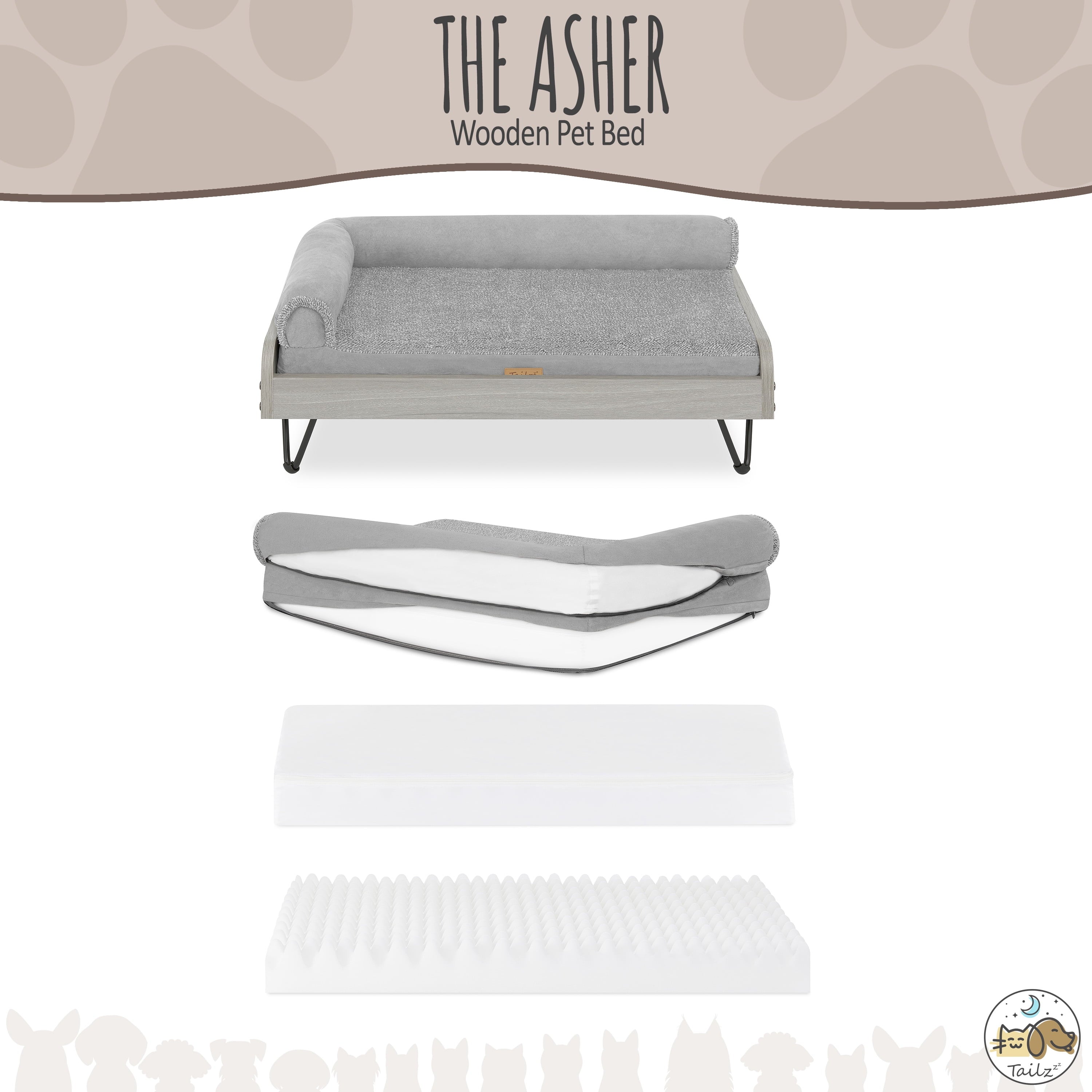 Tailzzz Asher Small Wooden Elevated Pet Bed with Mattress, Greenguard Gold Certified