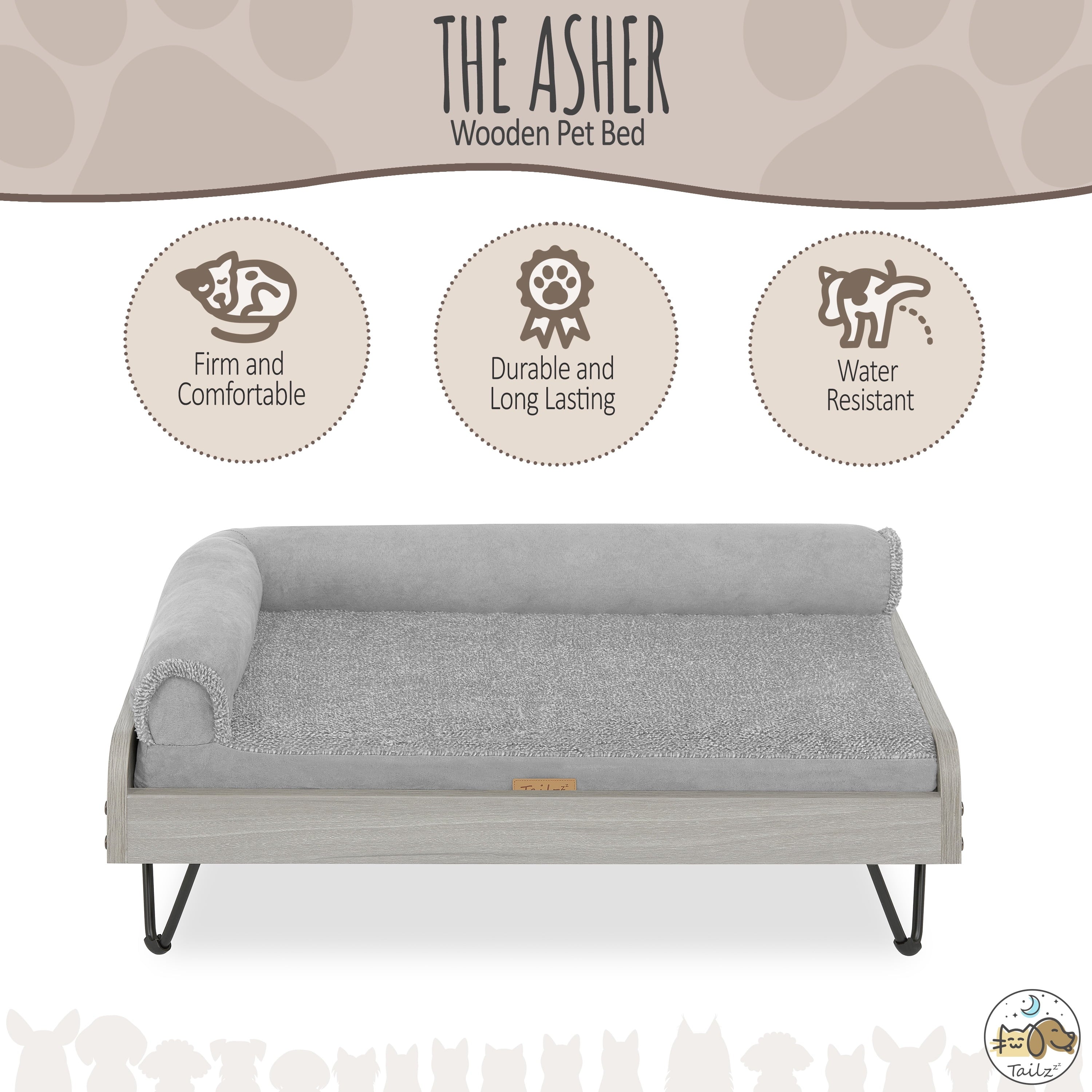 Tailzzz Asher Small Wooden Elevated Pet Bed with Mattress, Greenguard Gold Certified