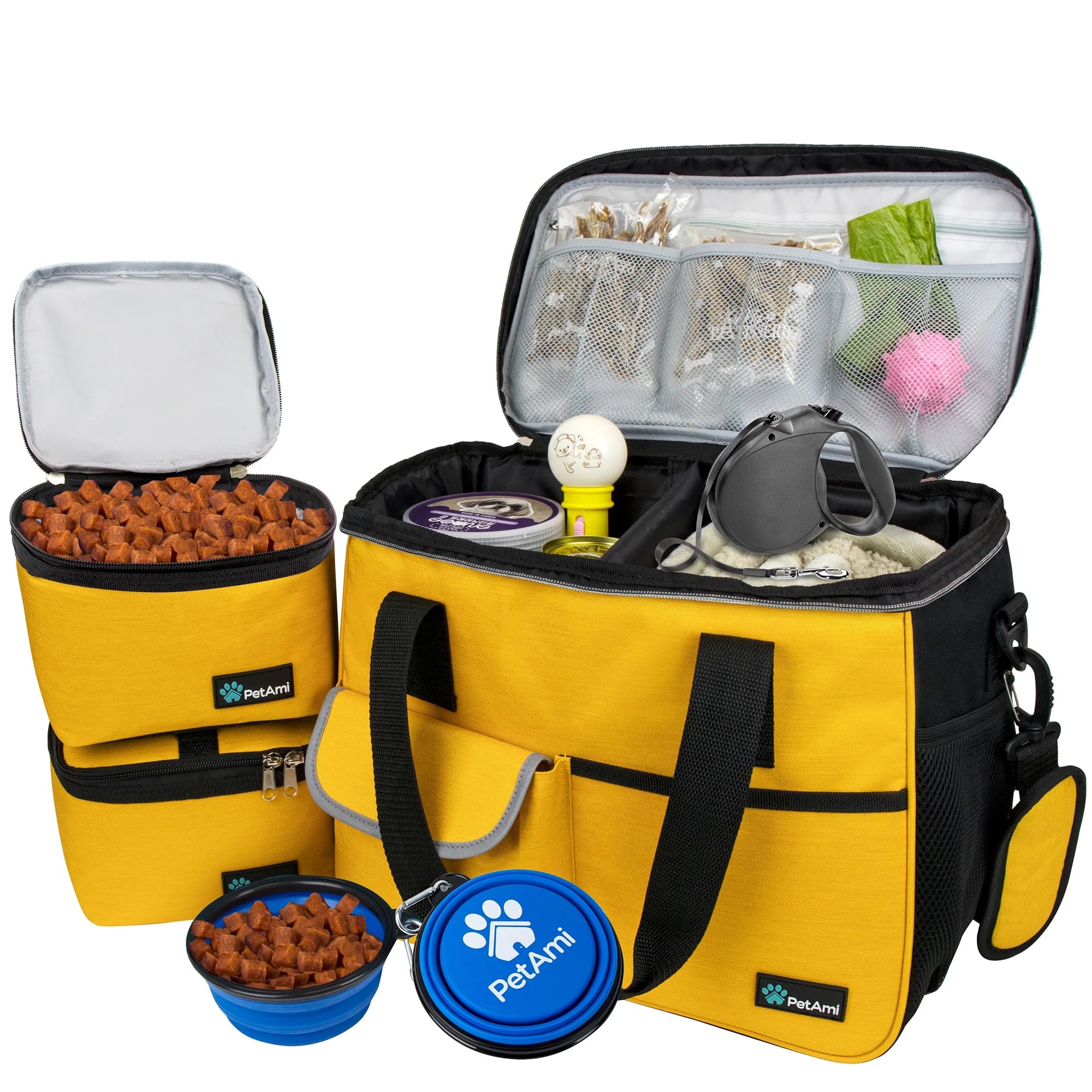 Petami Medium Dog Travel Bag with Food Containers and Bowls, Yellow, 22 L Limit