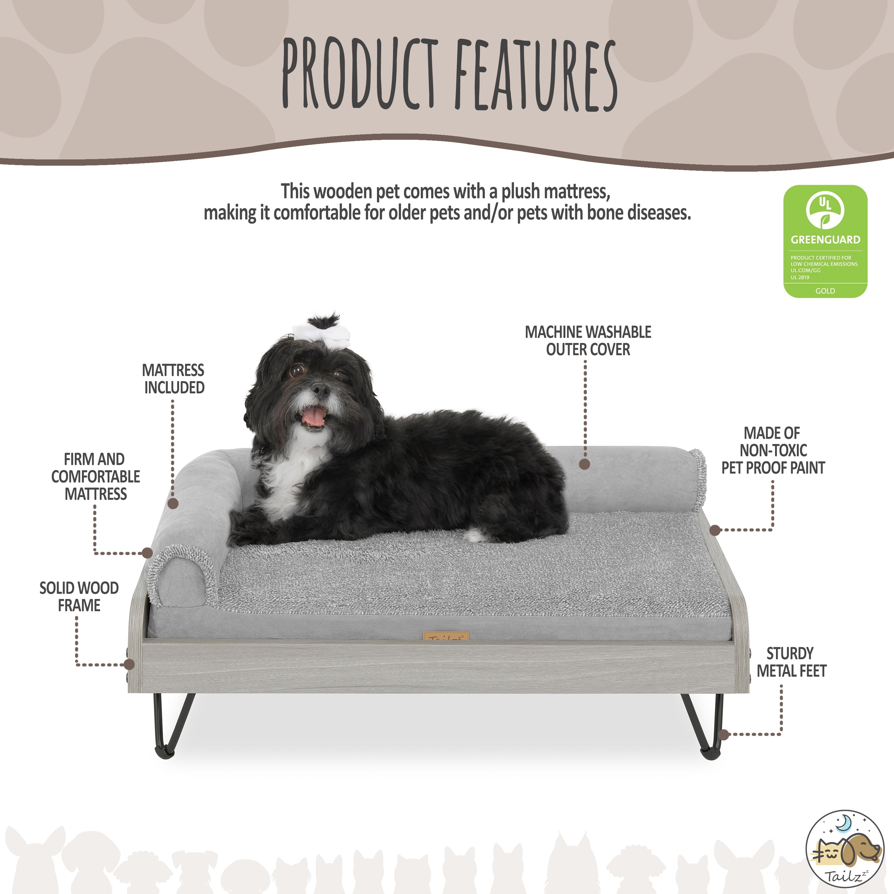 Tailzzz Asher Small Wooden Elevated Pet Bed with Mattress, Greenguard Gold Certified