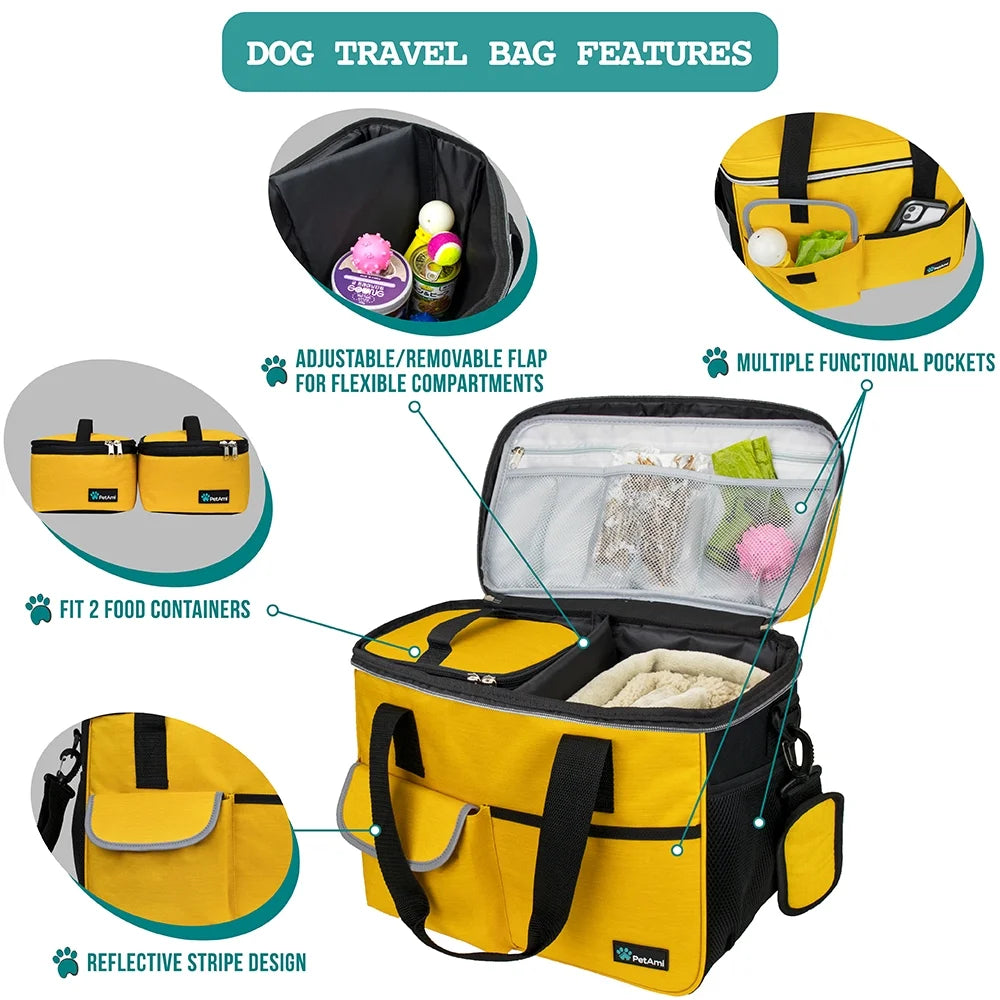 Petami Medium Dog Travel Bag with Food Containers and Bowls, Yellow, 22 L Limit