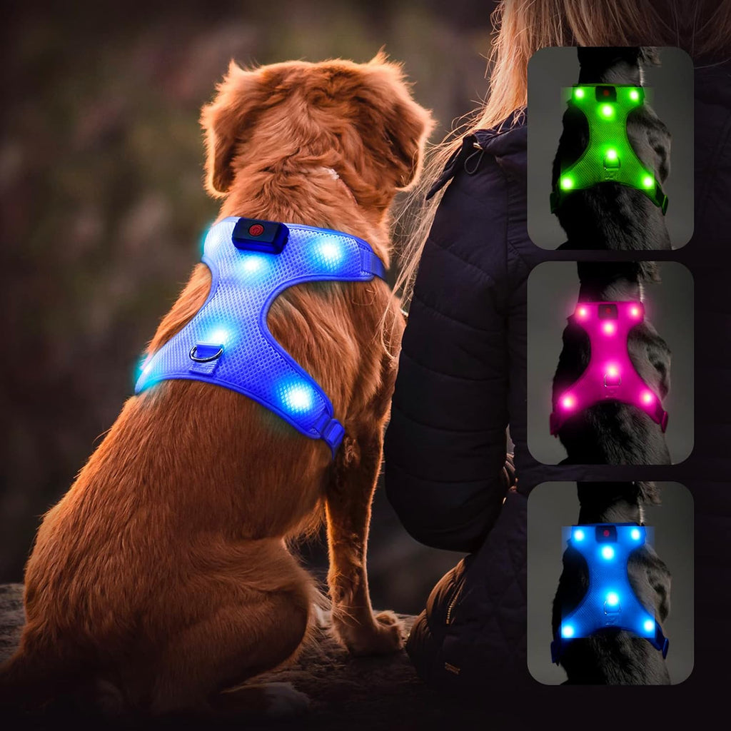 Flashseen LED Dog Harness, Lighted up USB Rechargeable Pet Harness, Illuminated Reflective Glowing Dog Vest Adjustable Soft Padded No-Pull Suit for Small, Medium, Large Dogs (Blue, S)