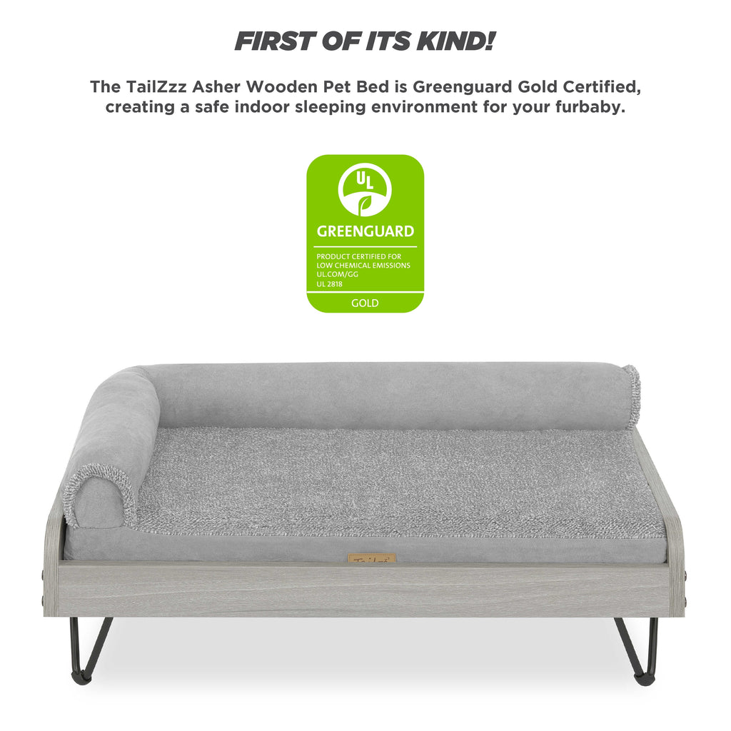 Tailzzz Asher Small Wooden Elevated Pet Bed with Mattress, Greenguard Gold Certified