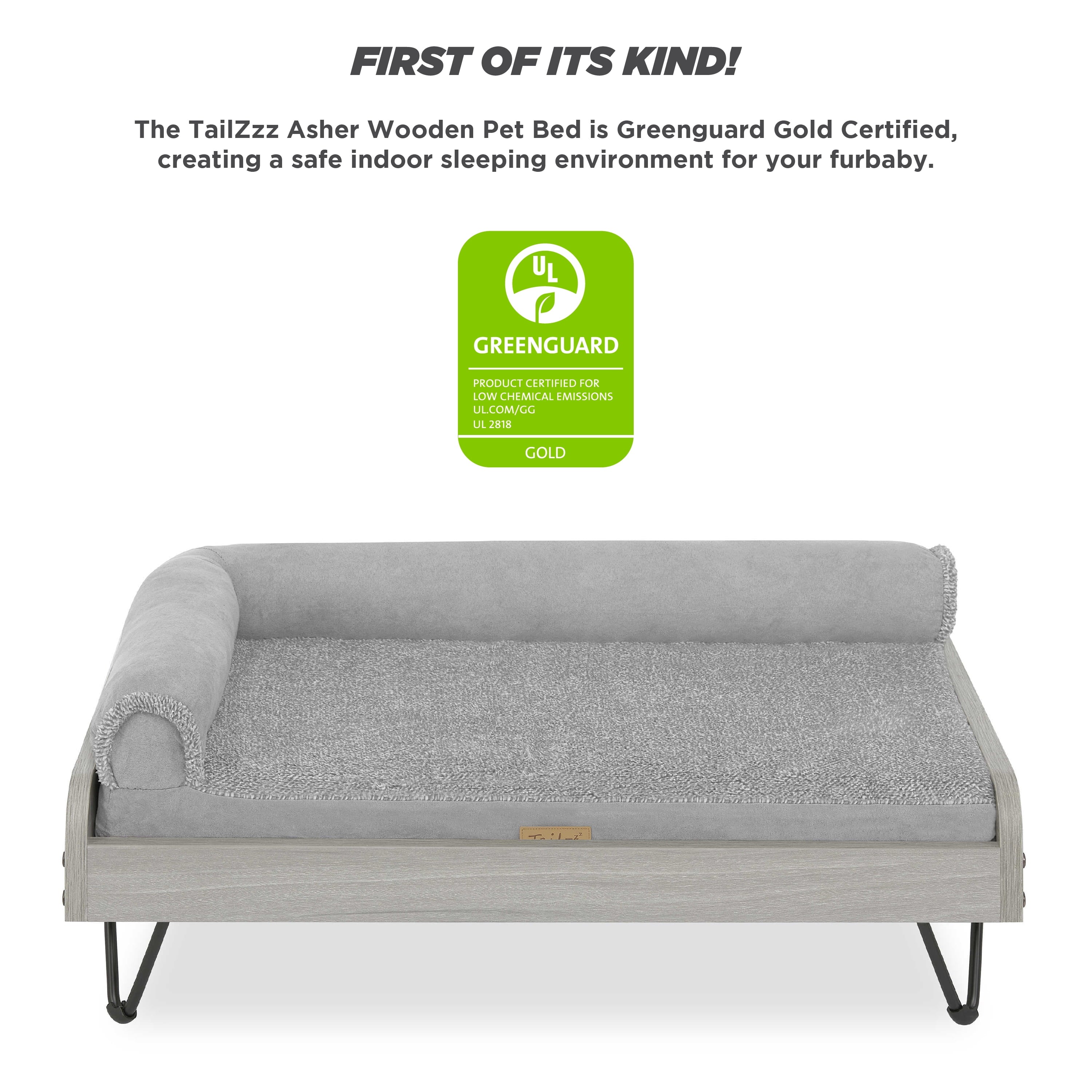 Tailzzz Asher Small Wooden Elevated Pet Bed with Mattress, Greenguard Gold Certified