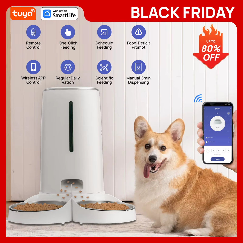 Wifi Automatic Cat Feeders for 2 Cats, 4L Cat Food Dispenser with APP Control, Double Stainless Steel Bowls, Low Food Alarms