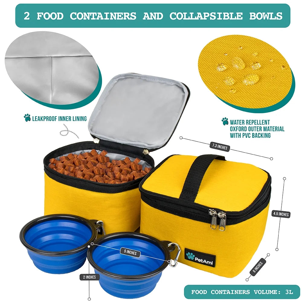 Petami Medium Dog Travel Bag with Food Containers and Bowls, Yellow, 22 L Limit