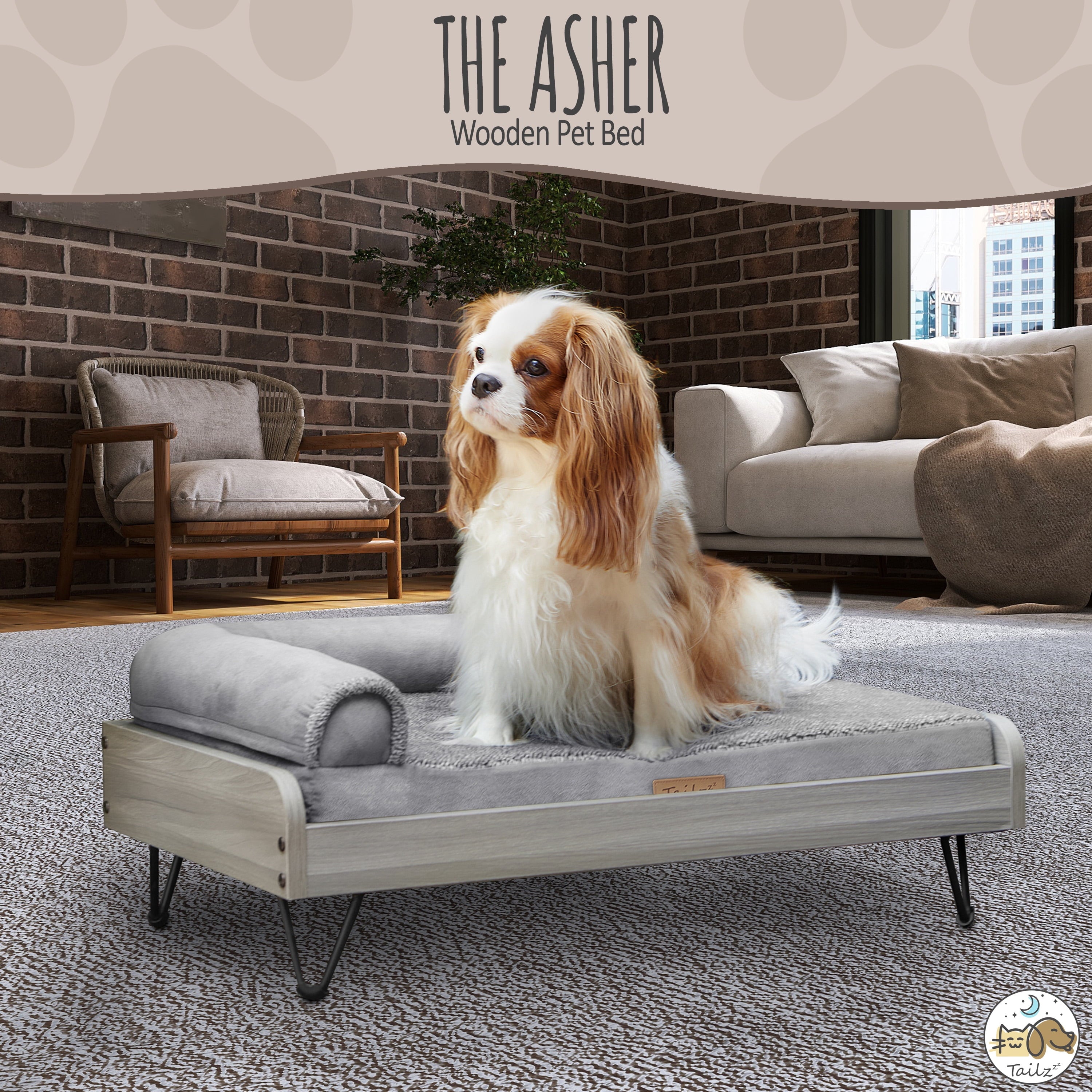Tailzzz Asher Small Wooden Elevated Pet Bed with Mattress, Greenguard Gold Certified