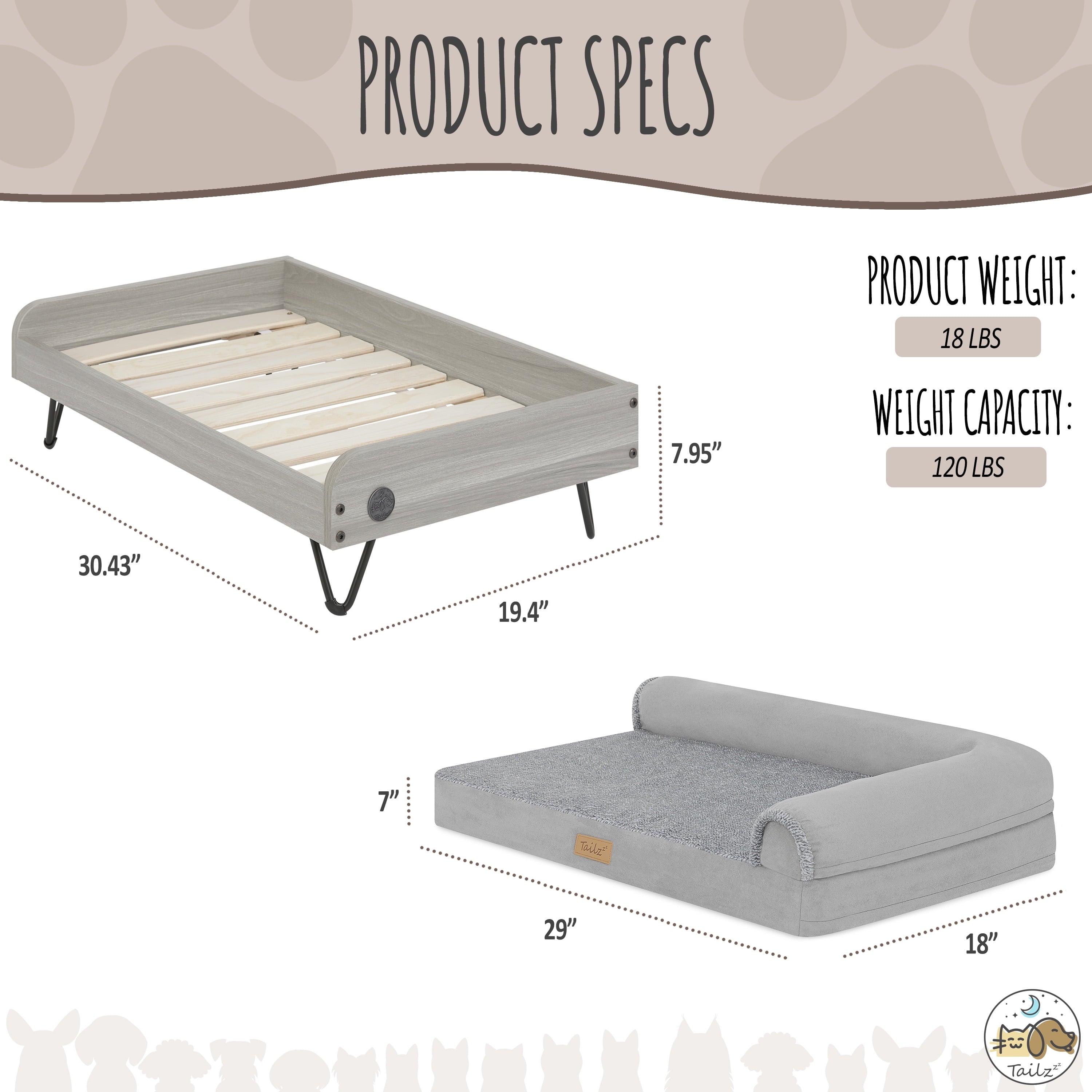 Tailzzz Asher Small Wooden Elevated Pet Bed with Mattress, Greenguard Gold Certified