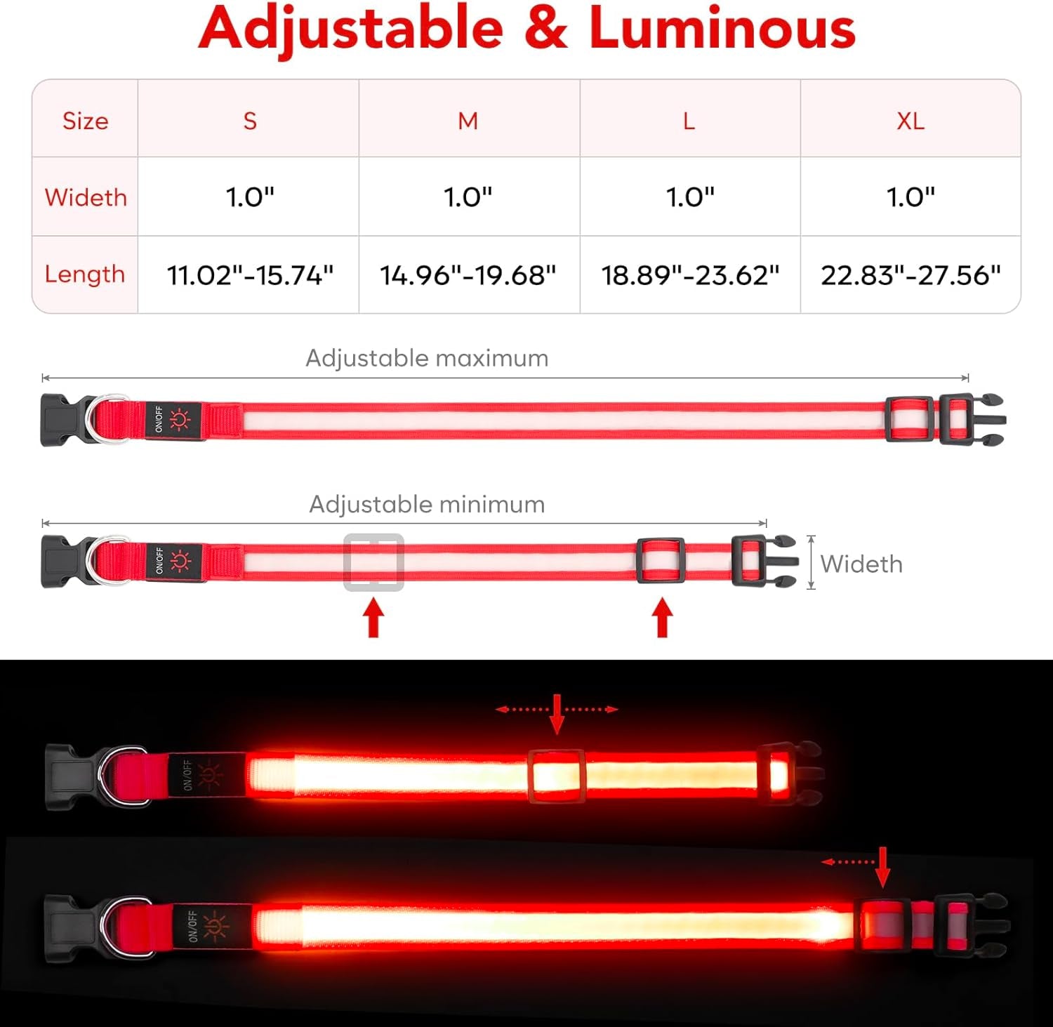 LED Dog Collar, Light up Dog Collar Adjustable USB Rechargeable Super Bright Safety Light Glowing Collars for Dogs(Small,Red)