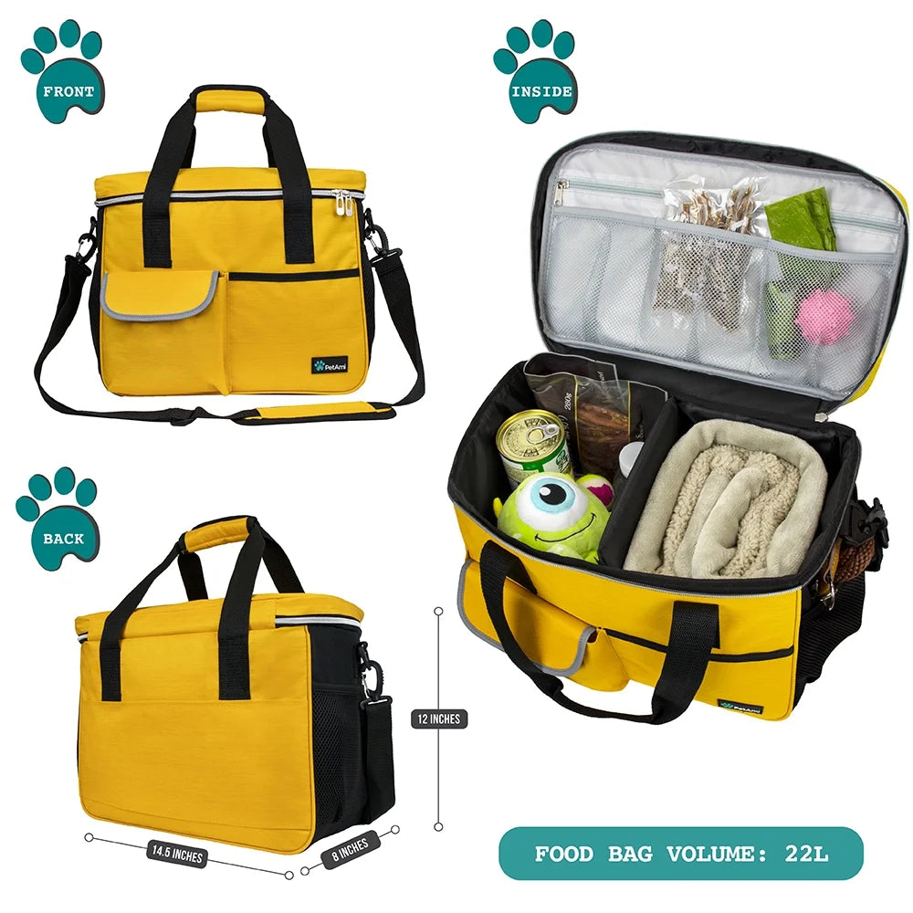 Petami Medium Dog Travel Bag with Food Containers and Bowls, Yellow, 22 L Limit