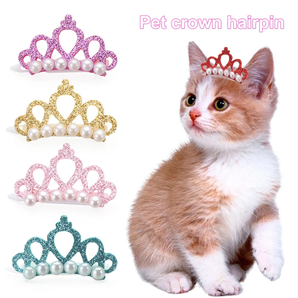 Pet Small Dogs Cat Faux Pearl Crown Shape Bows Hair Clips Head Decoration for Pets Puppy Hairpins Decor Grooming Accessoires